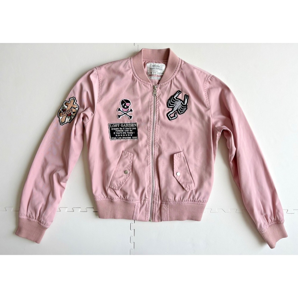 BERSHKA Bomber Jacket Womens Patches Biker Scorpion Skull Cross - Size S Pink